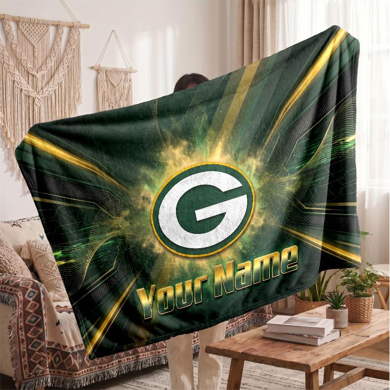 Green Bay Packers Flannel Blanket, Custom Name Text Personalized Soft Throw Blanket Home Decor Gift