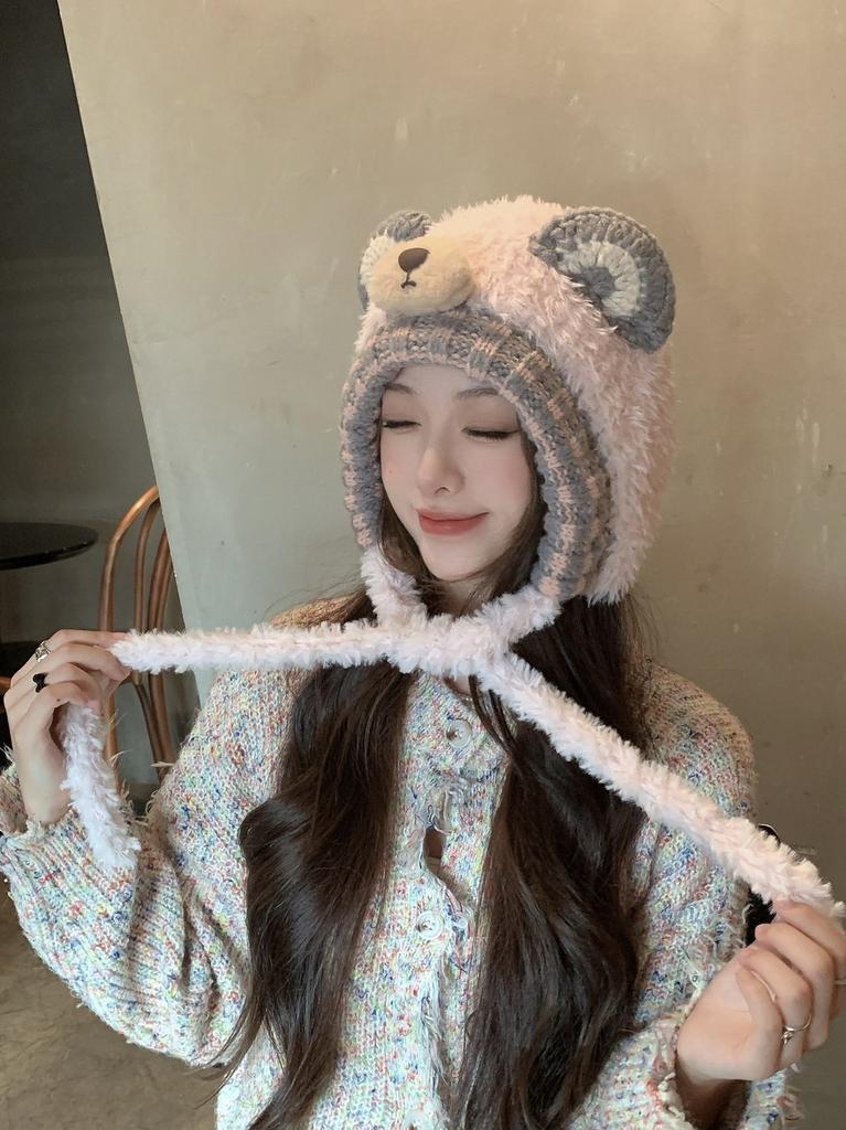 Knitted Bear Earmuff Hat For Women With Warmth And Windproof Features For Autumn And Winter
