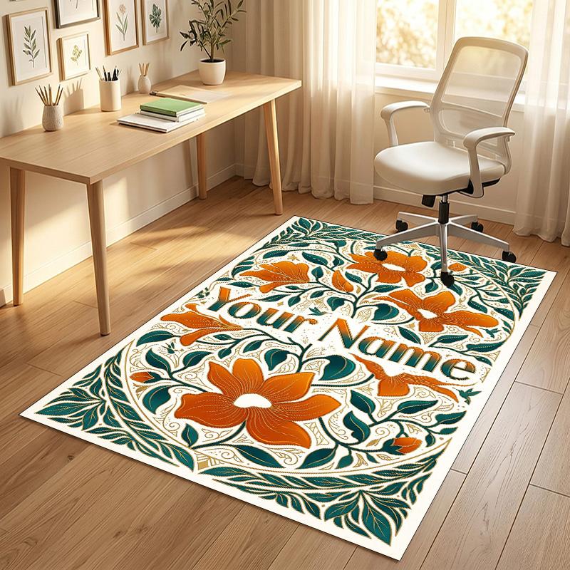 Floral Art Nouveau Theme Soft Crystal Velvet Rug Custom Name & Text Print Non Slip Floor Rug for Bedroom Living Room