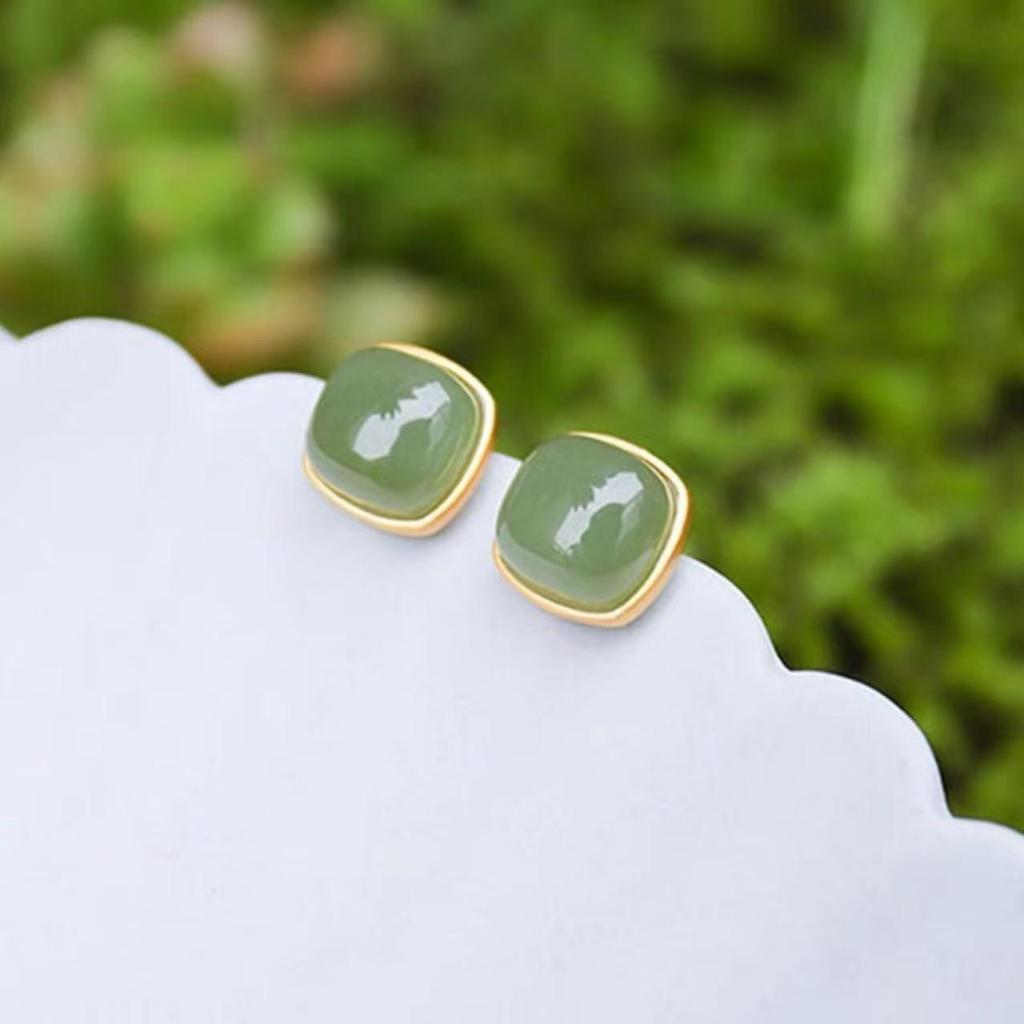 Gold-Plated Imitation Hetian Jasper Square Stud Earrings - Simple, Fashionable Women's Light Luxury Jewelry