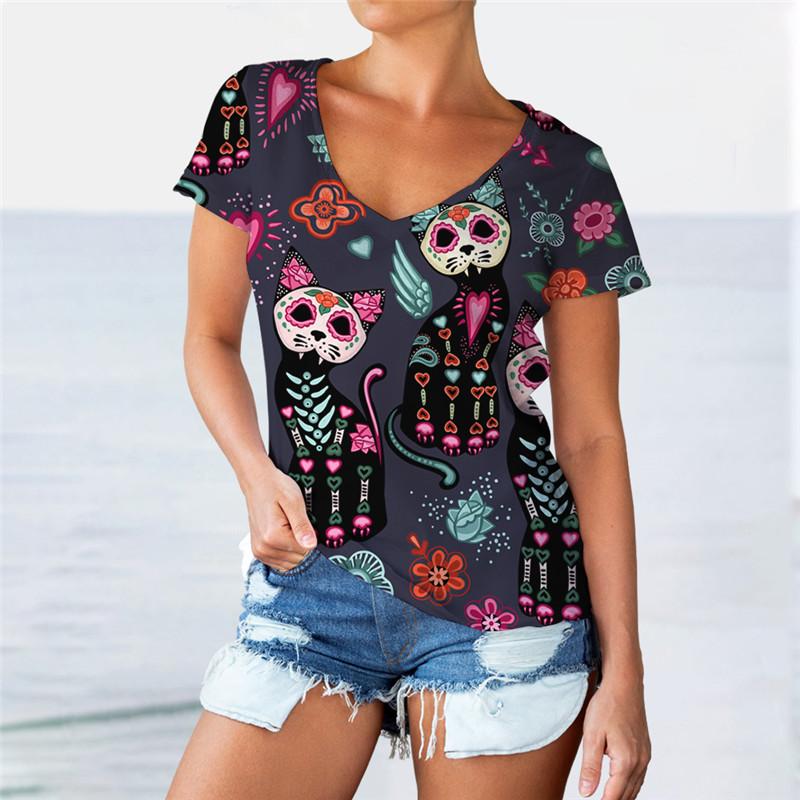 

Женские футболки с героями мультфильмов, с коротким рукавом, с принтом 3D-кота, симпатичные уличные женские футболки с V-образным вырезом, винтажные женские повседневные летние футболки, топы 6XL