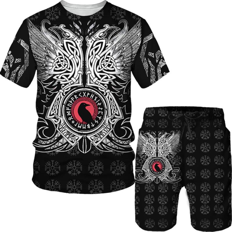 Viking Summer Men T Shirt Set 3D Printed Vintage Clothes Short Sleeve Tshirts Shorts Oversized Tracksuit Fashion Men Sport Suit