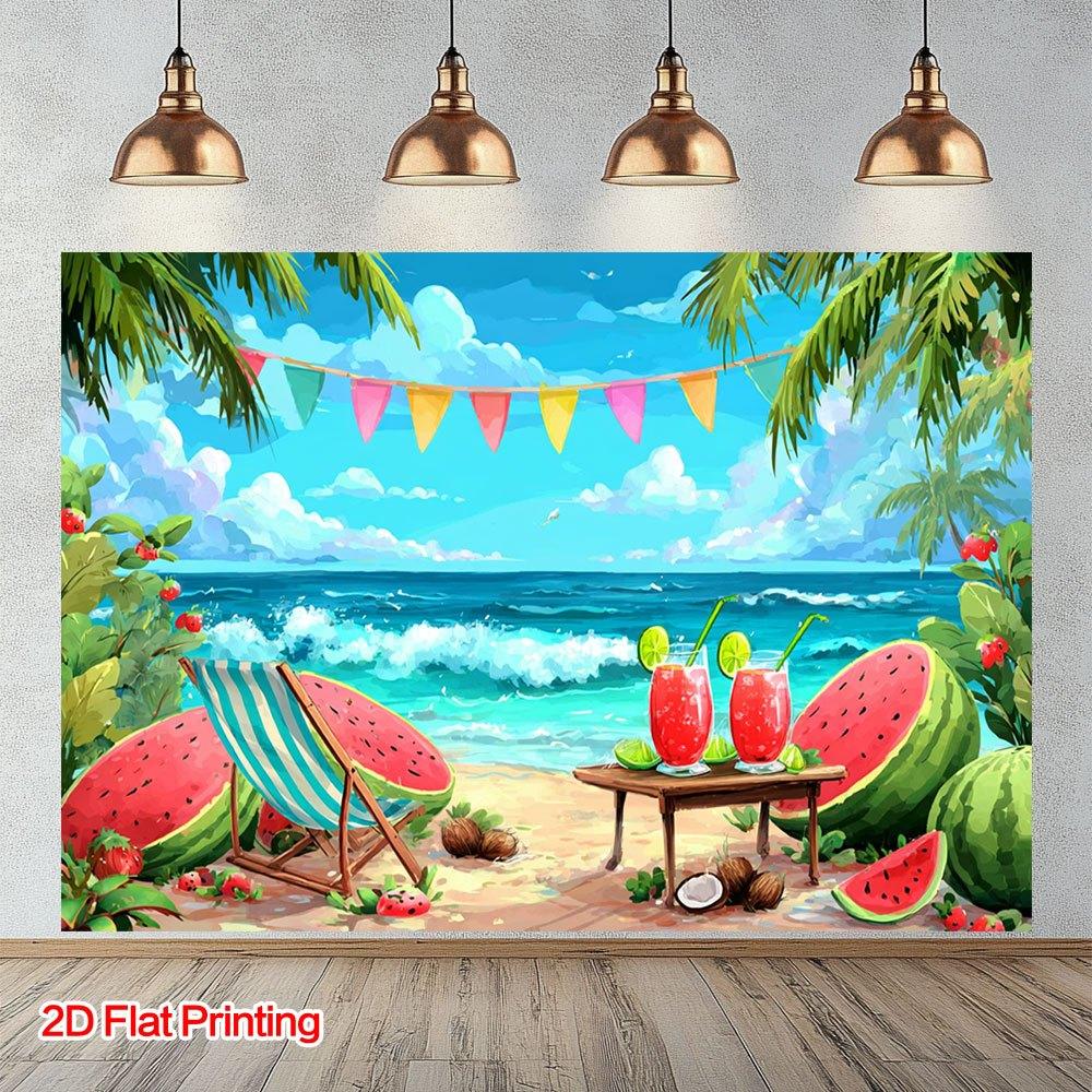 2D plane, 1 piece. 2D plane printed summer beach watermelon beverage scene photography background fabric, polyester fabric.