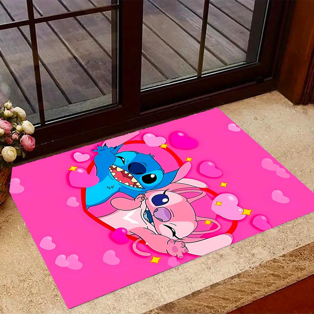 Stitch Adventure In Flowers Disney Cartoon Theme Anti-Slip Rug - Polyester, Home Decor, Suitable for Bedrooms, Living Rooms, Doorways, and Studios
