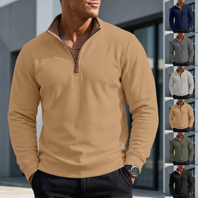 Men Waffle Knit Quarter Zip Pullover, Stand Collar Long Sleeve Casual Sweatshirt Slim Fit Business Daily Tops For Men Multiple Colors