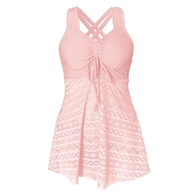 Women's Pink Lace Overlay Crisscross Back Drawstring Tankini Swimsuit