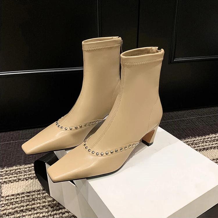 Fashion New Cowhide/suede 6.5cm High Heel Elastic Slimming Boots Autumn Winter Women Pearl/Rivet Style Fashion Ankle Boots Size 34-42