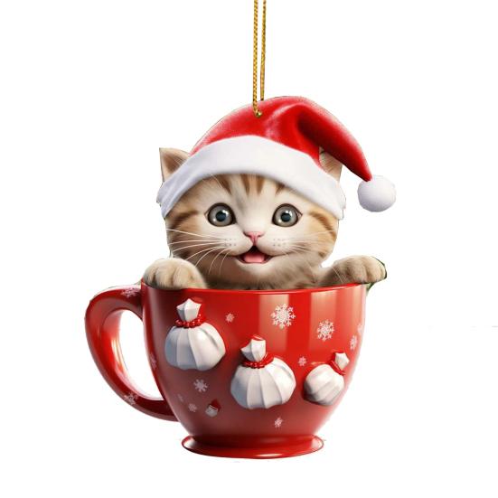 Christmas Pendant 2D Acrylic Cat Sitting Mug Charm Hanging Decor with Lanyard Holiday Party Decoration