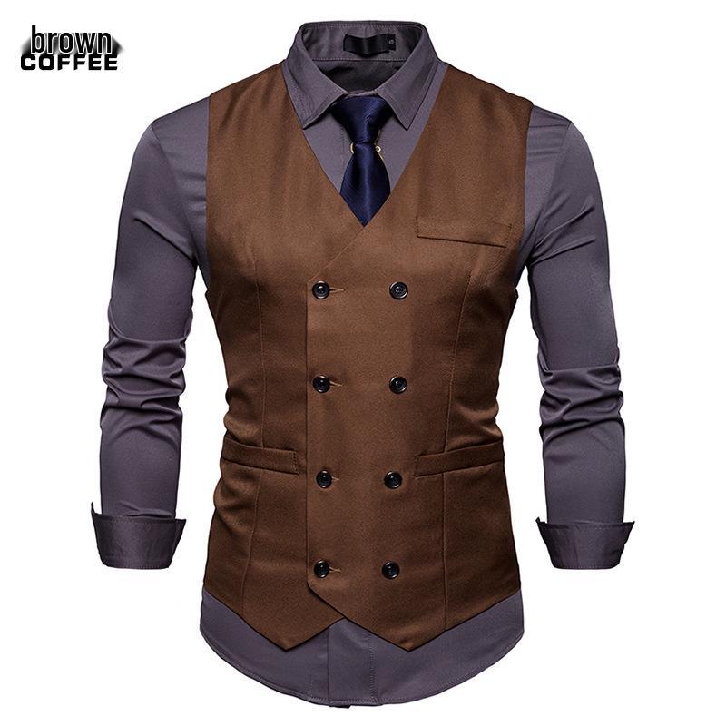 2018 Men s Double-Breasted Casual Suit Vest, European Size L кофейный
