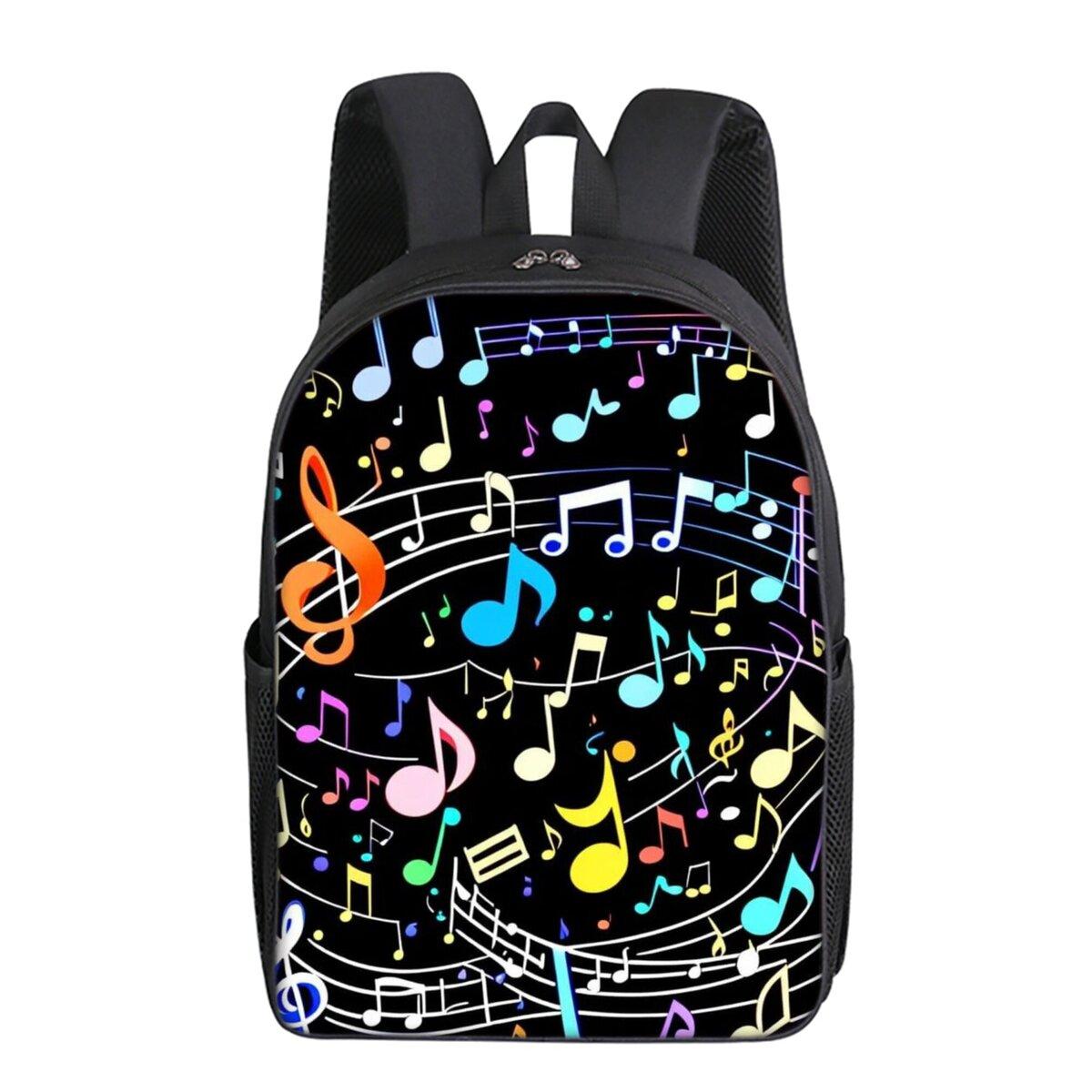 Regenboog Muzieknoten Print Enkellaags Rugzak Eenvoudige Stijl voor Jongens/Meisjes Kinderen Beste Cadeaus 2D Platte Cartoon Schooltassen black