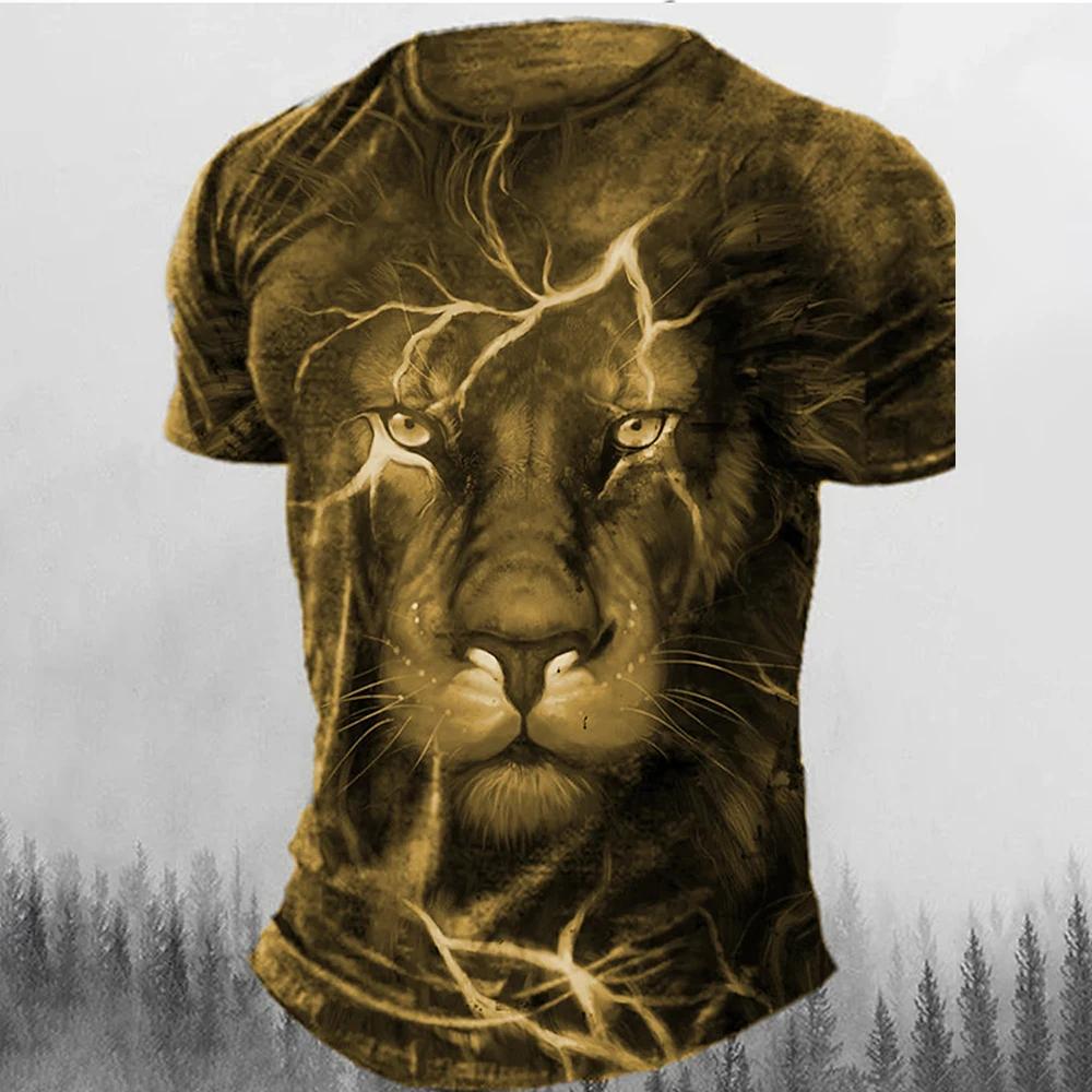 Summer 3D Printed Short Sleeved Street Style Plus Size Top, Fashionable Casual Wear, Men's Lion Sportswear