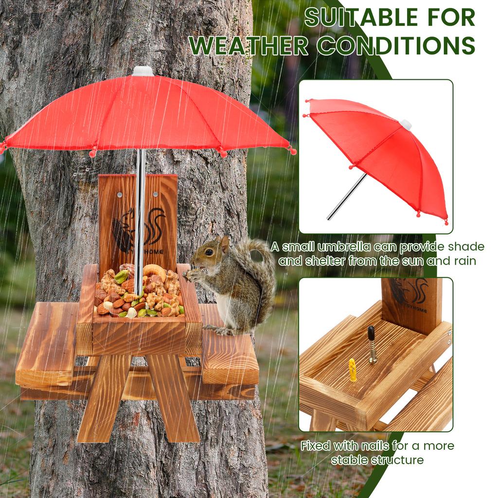 Wooden Squirrel Feeder Outdoor Squirrel Picnic Table With Tall Umbrella and Corn Cob Holder Multi-role Bird Feeder Garden Decor