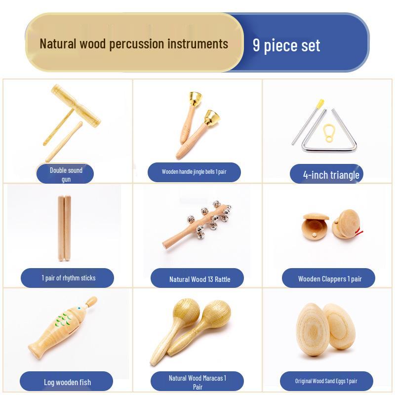 Orff Percussion Set: Claves, Castanets, Sand Shakers, Egg Shakers, Wrist Bells, Tambourine, Triangle, and Wood Block.