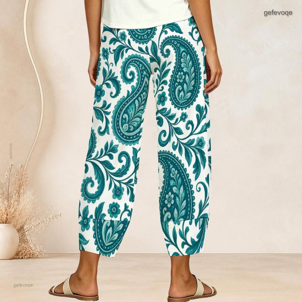 Women Plus Size Paisley Printed Teal White Loose Cropped Pants Cross Hem With Pockets