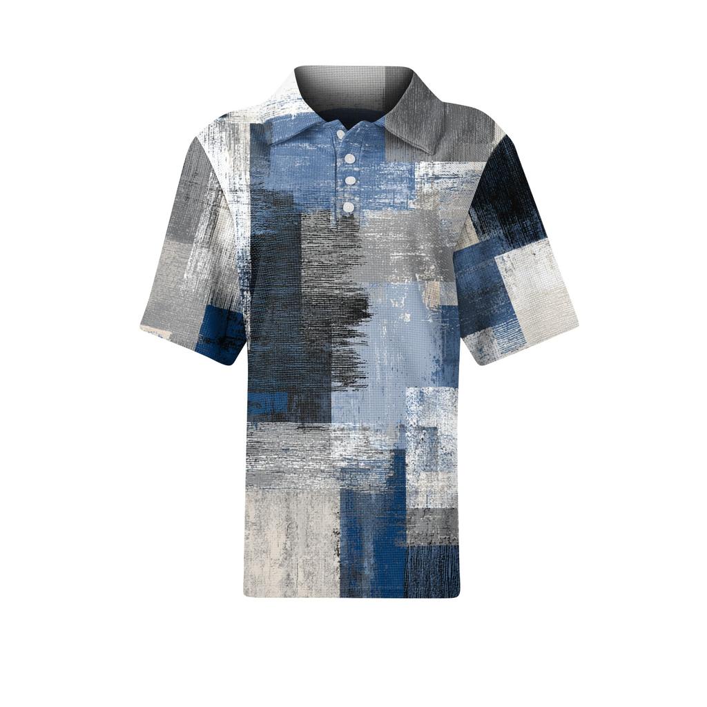 Women's Casual Short Sleeve Retro Floral Print Waffle Knit Polo Shirt Button Down Top with Classic Collar for Everyday Wear