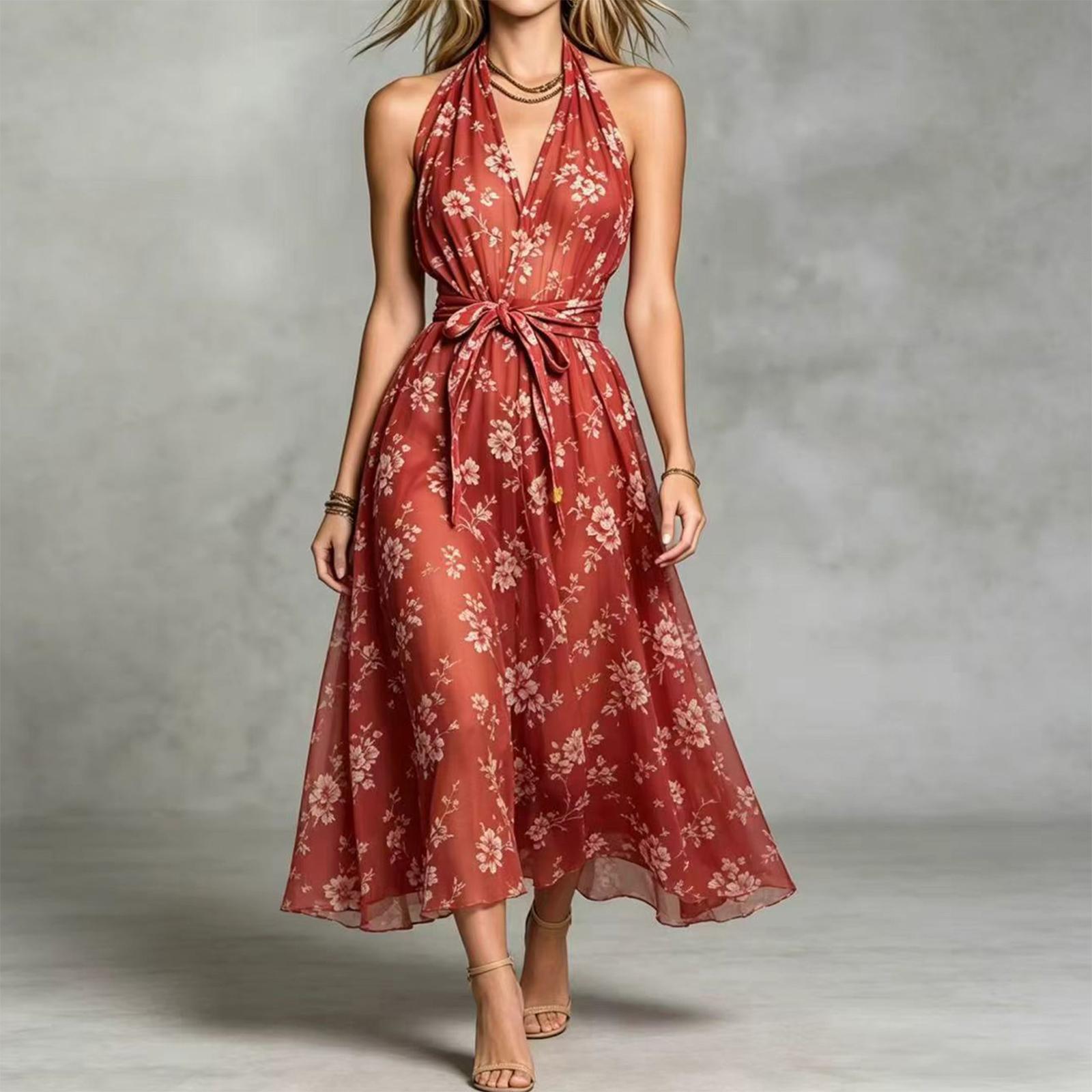 Women s Color V-Neck Floral Print Dress with - Elegant Summer Midi Dress XL