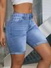 Women's Light Blue Stretchy Denim Shorts, Rolled Hem, Slimming, Mid-Length, Versatile.