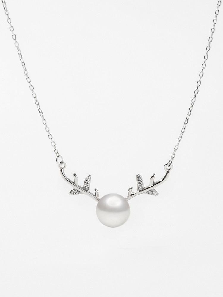 One Deer Has You Sterling Silver Necklace with Freshwater Pearl and Elk Antlers Design