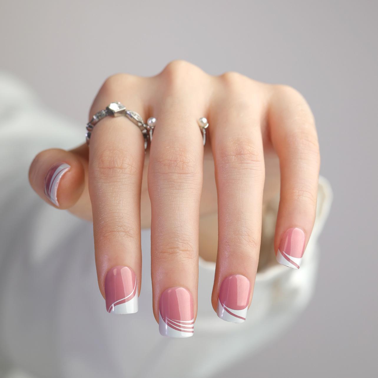 

French White Short Square Wearable Nails - Elegant Pink False Nail Tips JP2728 [Includes Glue]
