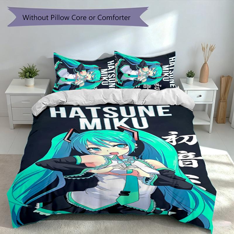 3-teiliges Hatsune Miku Bettwäsche-Set, Enthält 1 Bettbezug und 2 Kissenbezüge, Hautfreundlicher & Bequemer Stoff, Geeignete Bettwäsche-Sets 135cmx200cm black