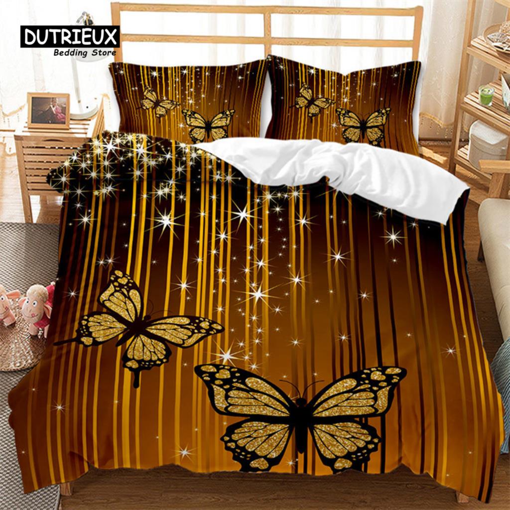 Comforter Golden Butterfly And Floral Bedding Set Queen Print Black For Kids Girls Boys Adults Bedroom Decor