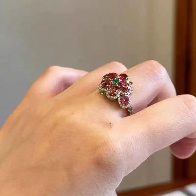 Inlaid Dazzling Pastoral Style Showy Red Gem Flower Earrings for Women Small Exquisite Sweet Rings Wedding Jewelry
