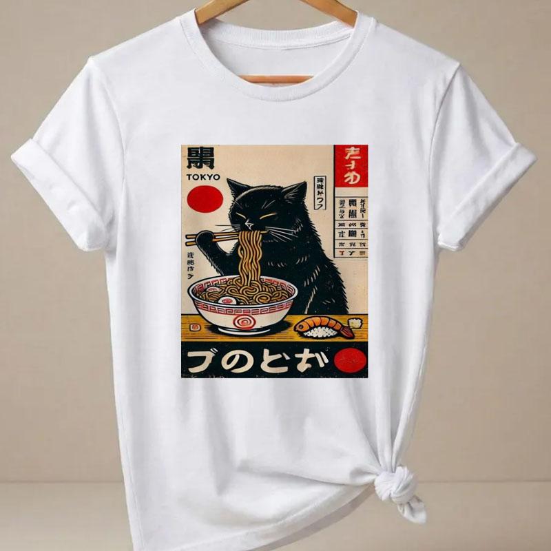 RaUnisex Cat TShirt Unisex Funny Short Sleeve Graphic T Shirts Japanese Cat Printed Kitty Tops Summer Round Neck Cat Lover Tees
