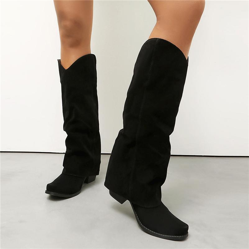 Women Knee High Cowboy Long Boots Pointed Toe Block High Heels Western Cowgirl Boots Ladies Fashion Shoes Autumn Winter 43