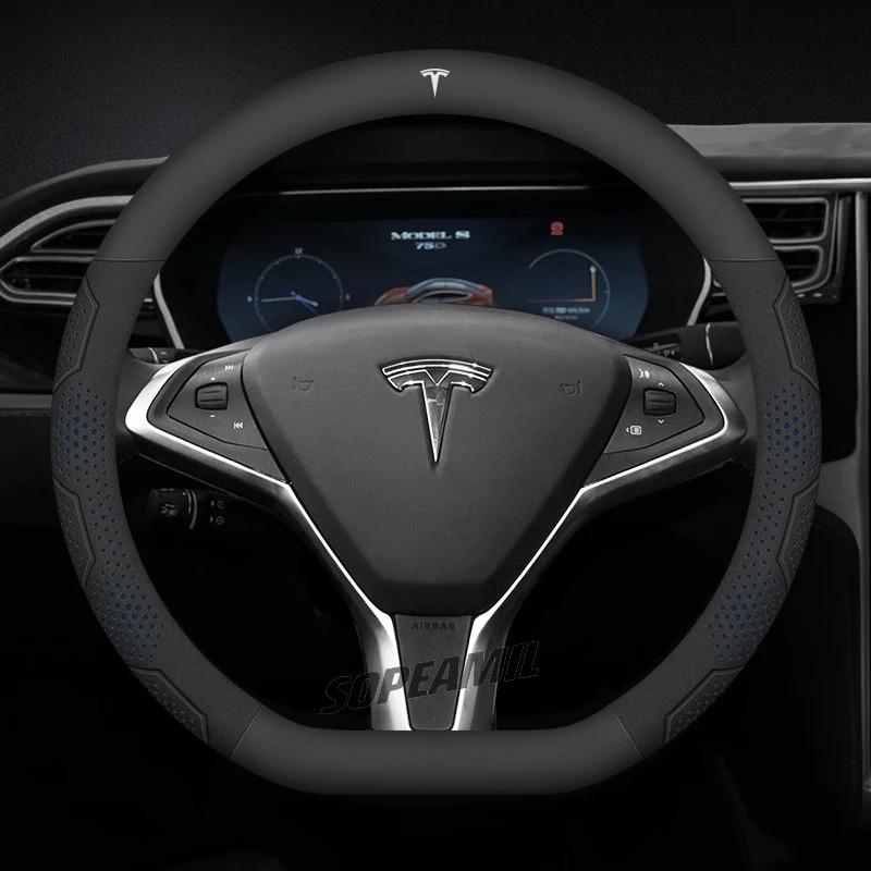 TDMC1 For Tesla Roadster Model 3 Model Y Model S Model X Car Leather Carbon Fiber Anti-Slip Protector Steering Wheel Cover Accessories