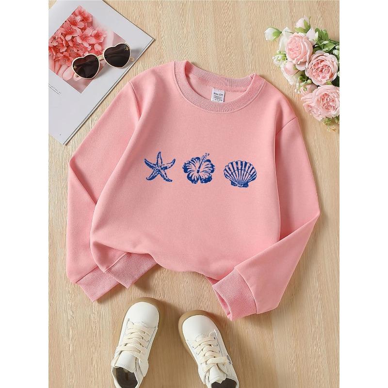 European sizes Starfish Hibiscus Shell Beach Tropical Girls' Fashionable Crewneck Sweatshirt, Western Top, Children's Long Sleeved Casual Tee