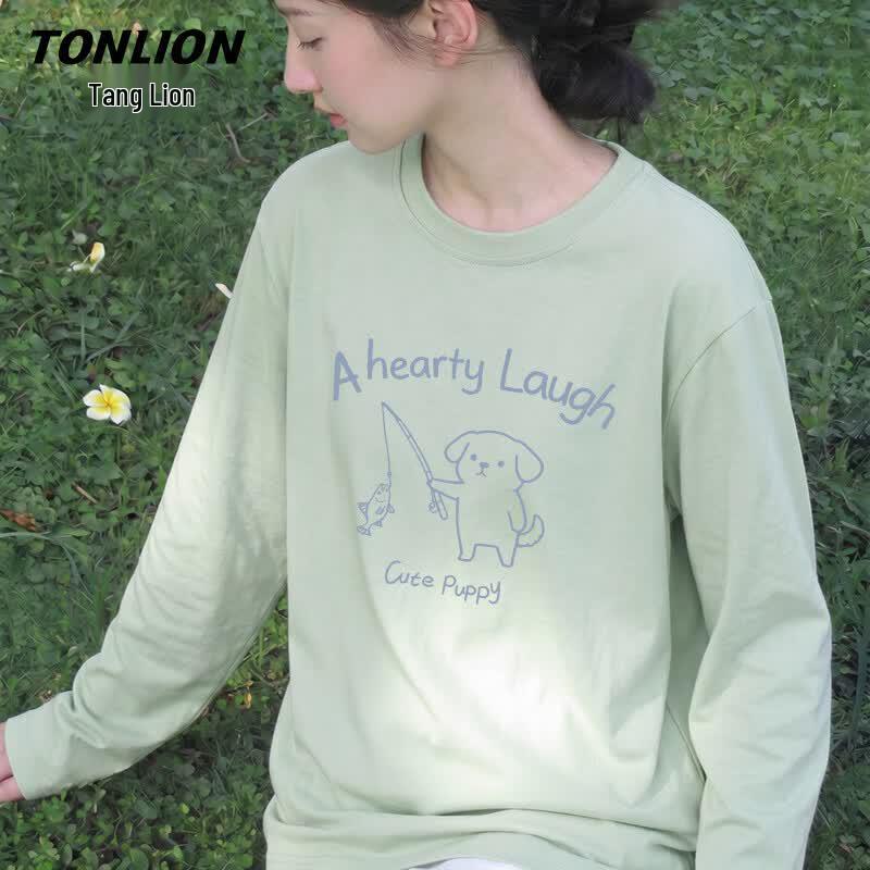TonLion Women s Cartoon Puppy Print Pure Cotton Long Sleeve T-Shirt L