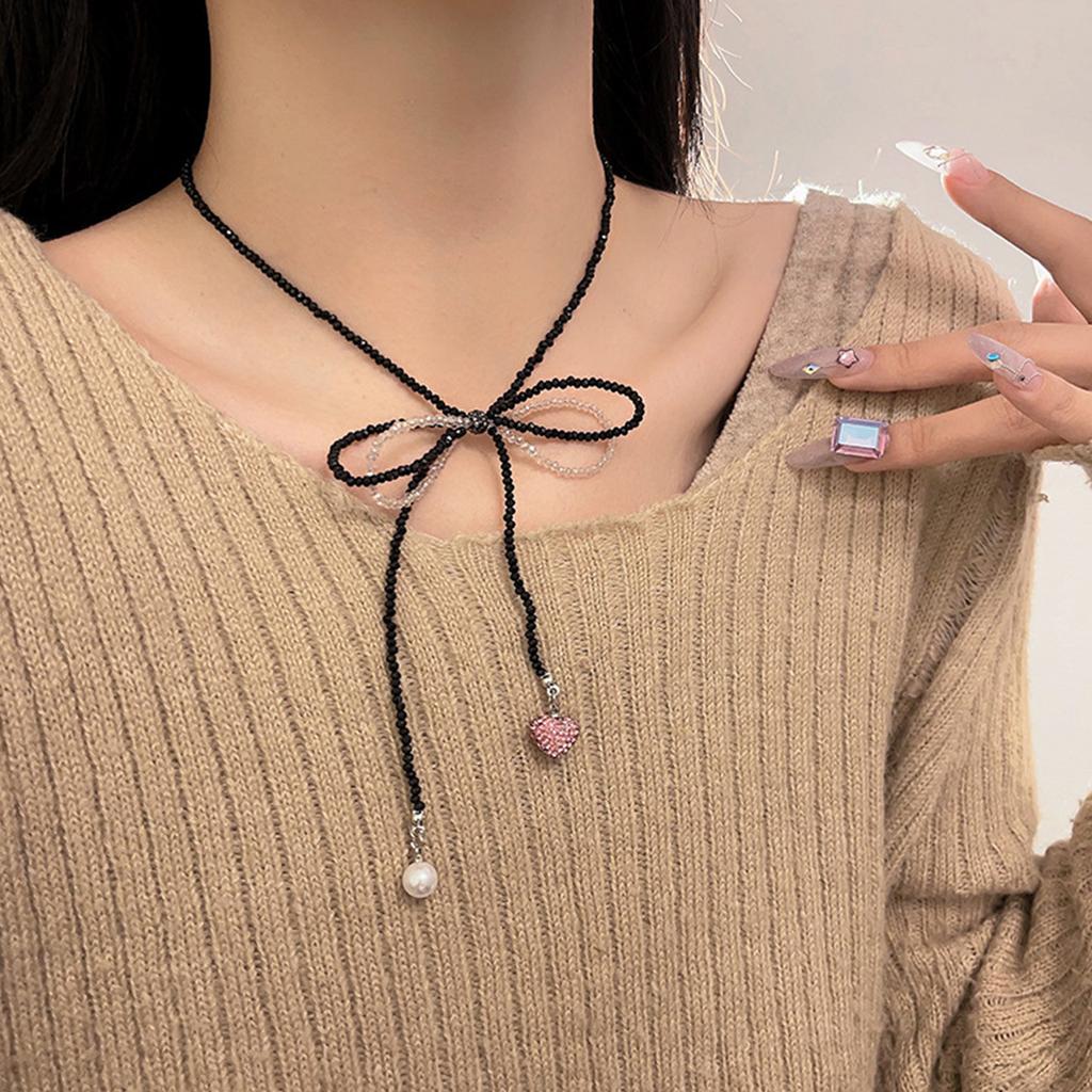 Perlenketten Schleifenförmige Schlüsselbeinkette Rosa Schwarz Kontrast Choker Herz Perle Anhänger Halskette Böhmischer Schmuck Frauen