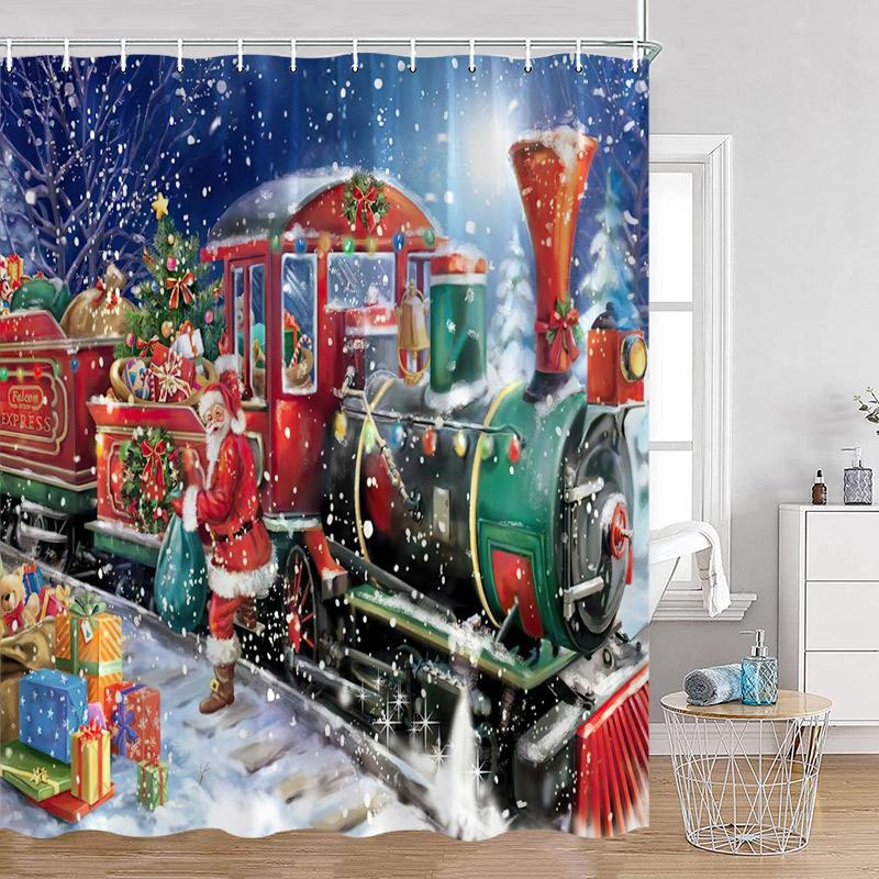 Funny Christmas Shower Curtain Red Santa Claus Cute Blue Snowman Winter Forest Landscape Cloth Home Bathroom Decor Bath Curtains