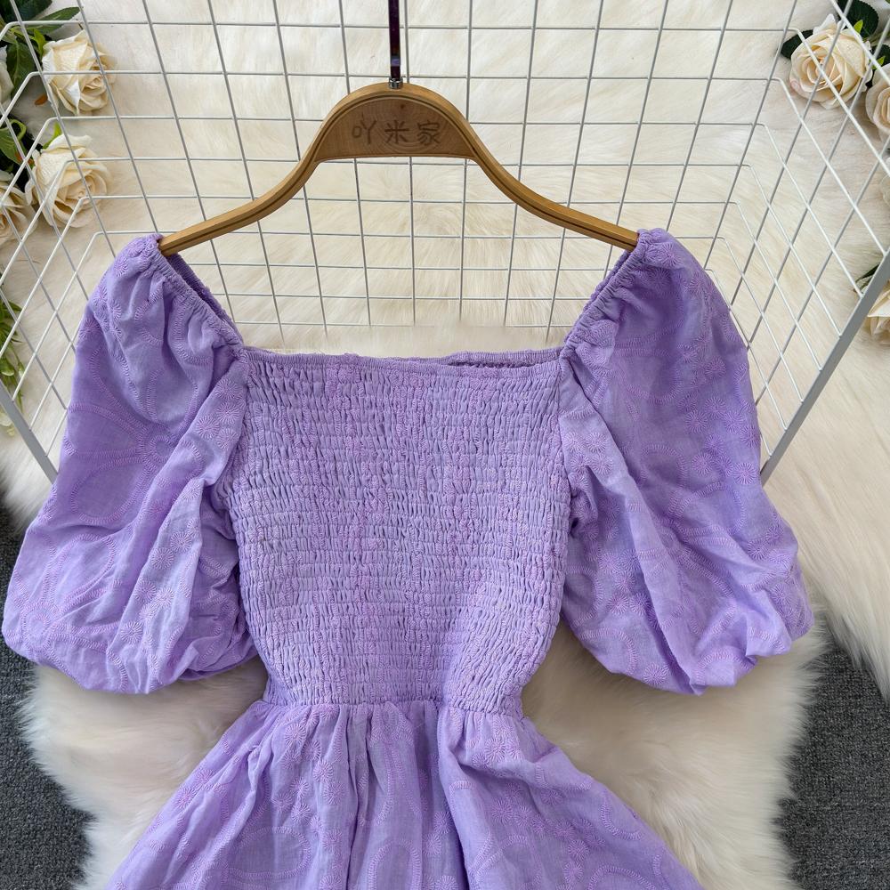 Fashion Dress for Women Square Collar Puff Sleeve A-line Floral Texture Vestido Womens Solid Color Folds Dresses Summer Dropship