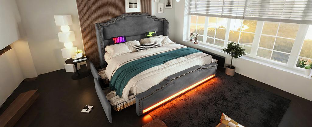 Upholstered Bed 180×200, Double with 4 Drawers, LED Lighting and USB-C Charging, Storage and Youth with Slatted Frame, Velvet, Grey, without Mattress