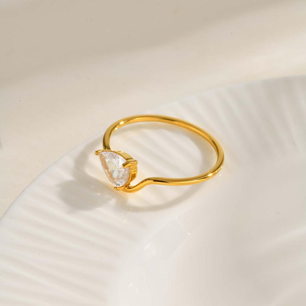 Minimalist Water Drop White Zircon Women Ring, Wave Drop Stainless Steel Ring, 18K Gold Plated Waterproof Luxury Jewelry