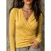 Fall New Style Cross V-neck Pleated Long-sleeved T-shirt Casual Top for Women