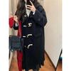 Women's Black Fleece-Lined Wool Coat with Horn Buttons - Korean Style, Petite, Mid-Length