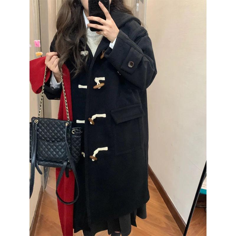 Women's Black Fleece-Lined Wool Coat with Horn Buttons - Korean Style, Petite, Mid-Length