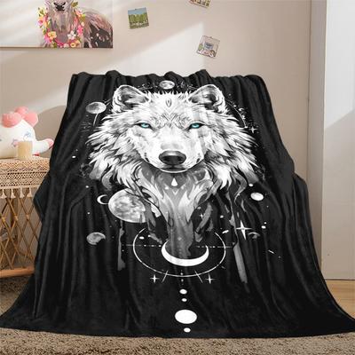 1Pc Wolf Moon Print Flannel Blanket, High Quality Comfortable for All Seasons, Home Decor, Warmth and Comfort, Perfect for Christmas
