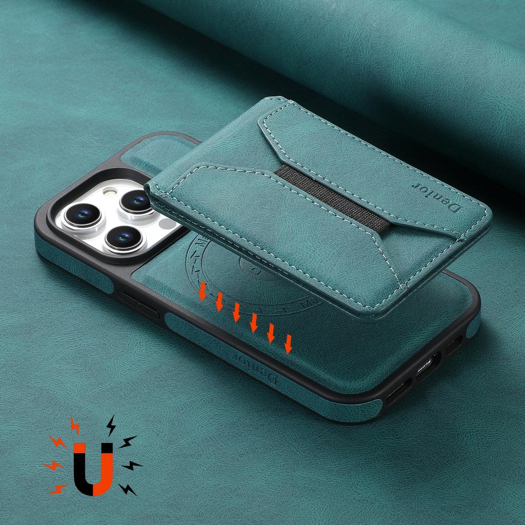 DENIOR D17 For iPhone 15 Pro Magnetic Case Leather Back Cover Detachable Card Bag Kickstand