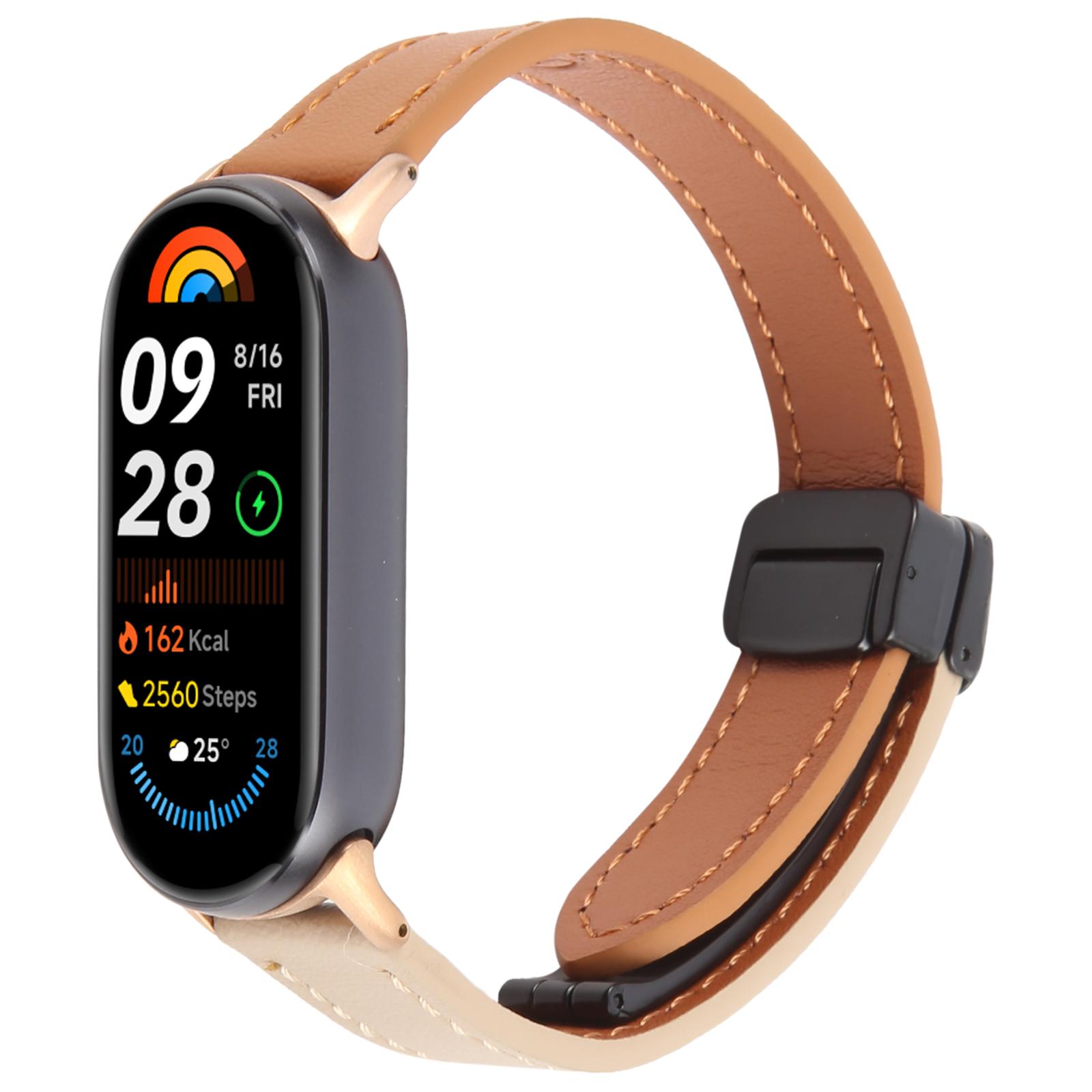 

For Xiaomi Smart Band 9/8 Foldable Magnetic Black Buckle Microfiber Leather Watch Strap Pink+Beige