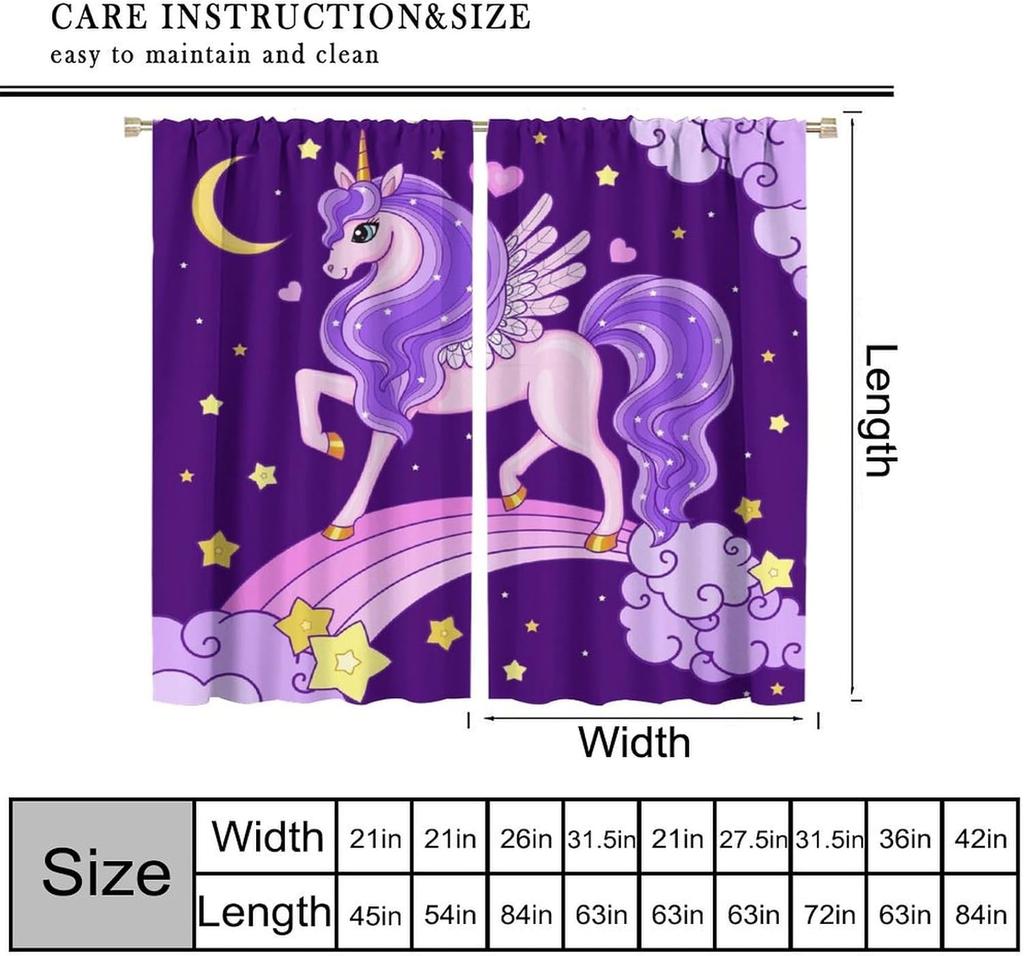 Purple Unicorn Curtains Girls Fantasy Mystery Fairytale Clouds Stars Magic Unicorns Window Drapes Kids Nursery Made Of Polyester