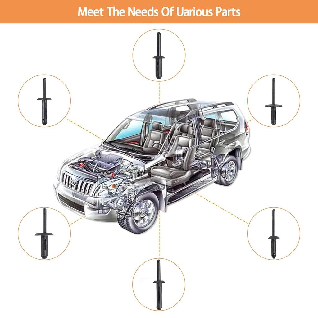 150Pcs Plastic Rivet Clip,Automotive Universal Nylon Pop Rivet Assortment,6 Most Popular Sizes Black Nylon Universal Rivet Kit,Replacement For GM