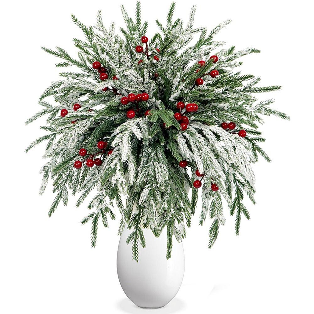 Greenery Leaves Christmas Artificial Pine Branches Red Berries Natural Looking  Home Decoration