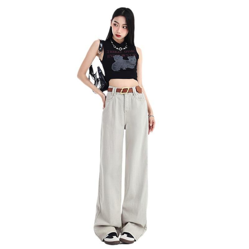 American high-waisted denim wide-leg pants women's autumn new light green drape loose straight and thin floor pants