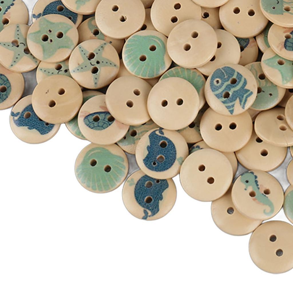 100pcs Mixed Printing Wooden Buttons 2 Holes Round Decorative Wooden Buttons for Sewing Craft