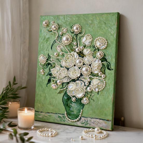 Faux Pearl Painting DIY Kit Easy Intuitive Craft Flower Pattern Painting with Pre-Printed Canvas