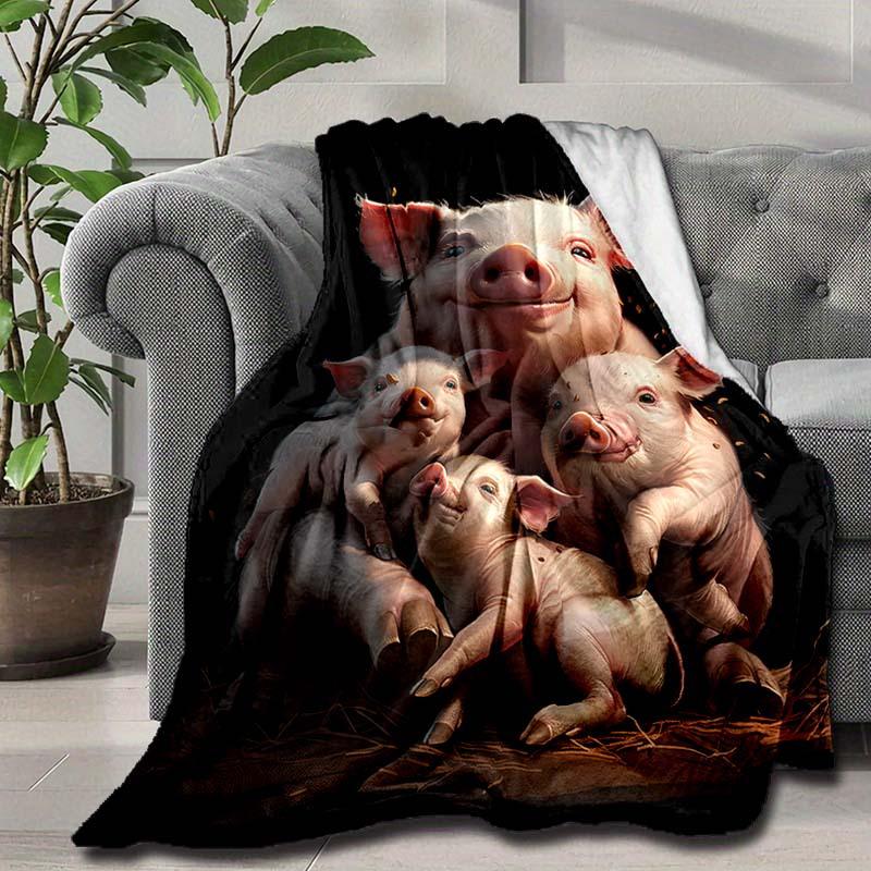 Smiling Pig Family Pattern Flannel printed blanket suitable for all seasons suitable for living room office sofa and travel