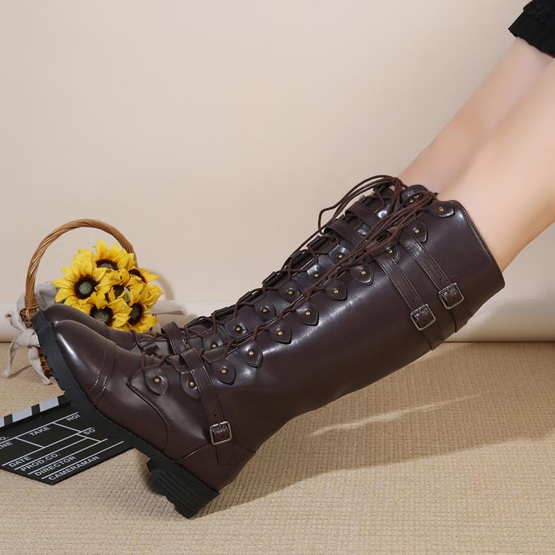 Fashion Women Knee High Boots Brand Lace Up Platform Shoes Women Sexy Buckle Retro Buckle Luxury Shoes Designer Snow Boots Women